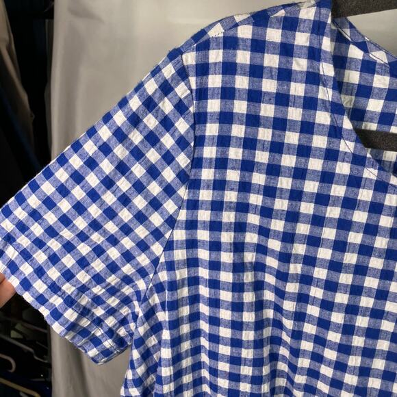 Pleione Blue White Gingham Tie Front Blouse XL Made in USA Cotton Spandex - Picture 4 of 13